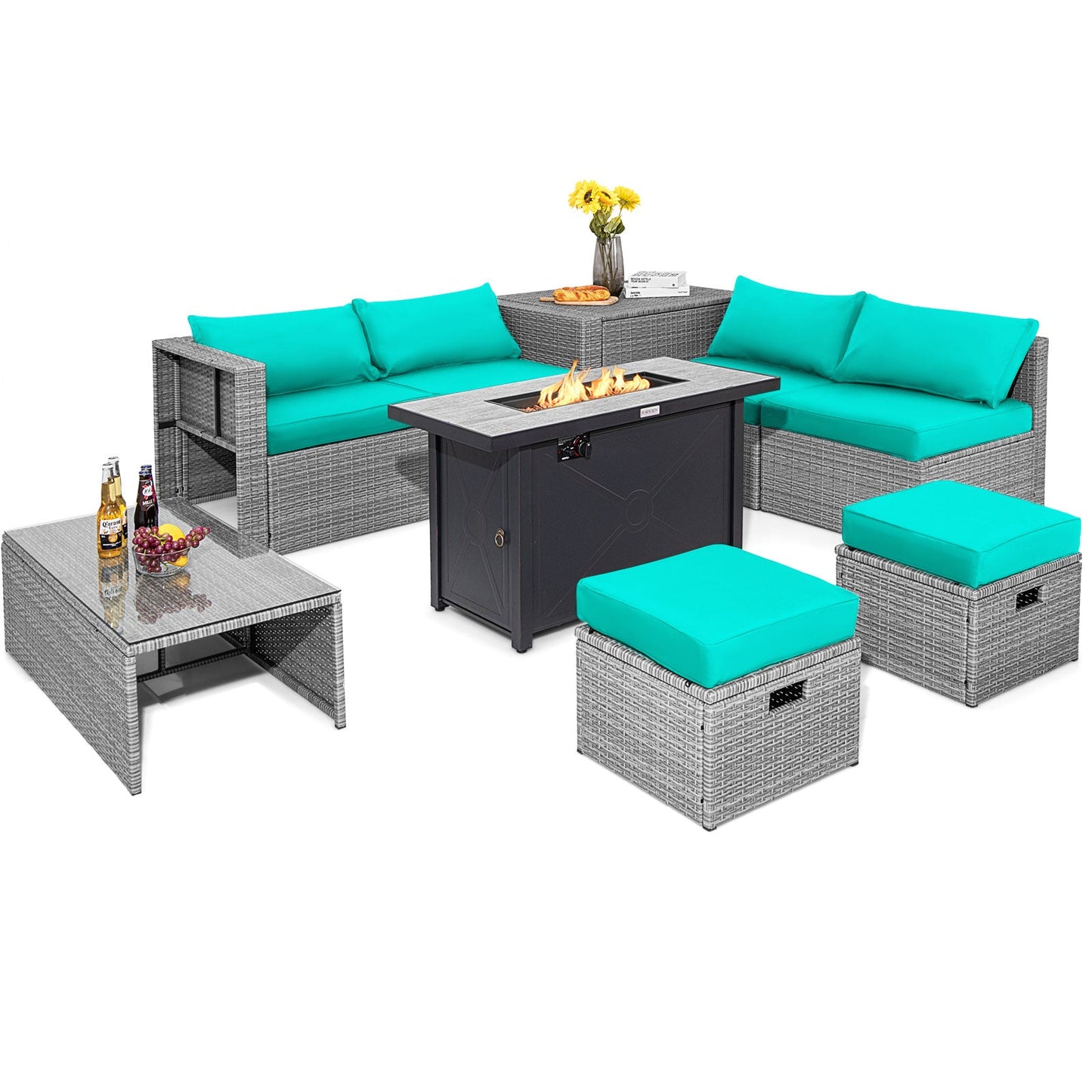 9-Piece Patio Furniture Set with 42" 60,000 BTU Propane Fire Pit