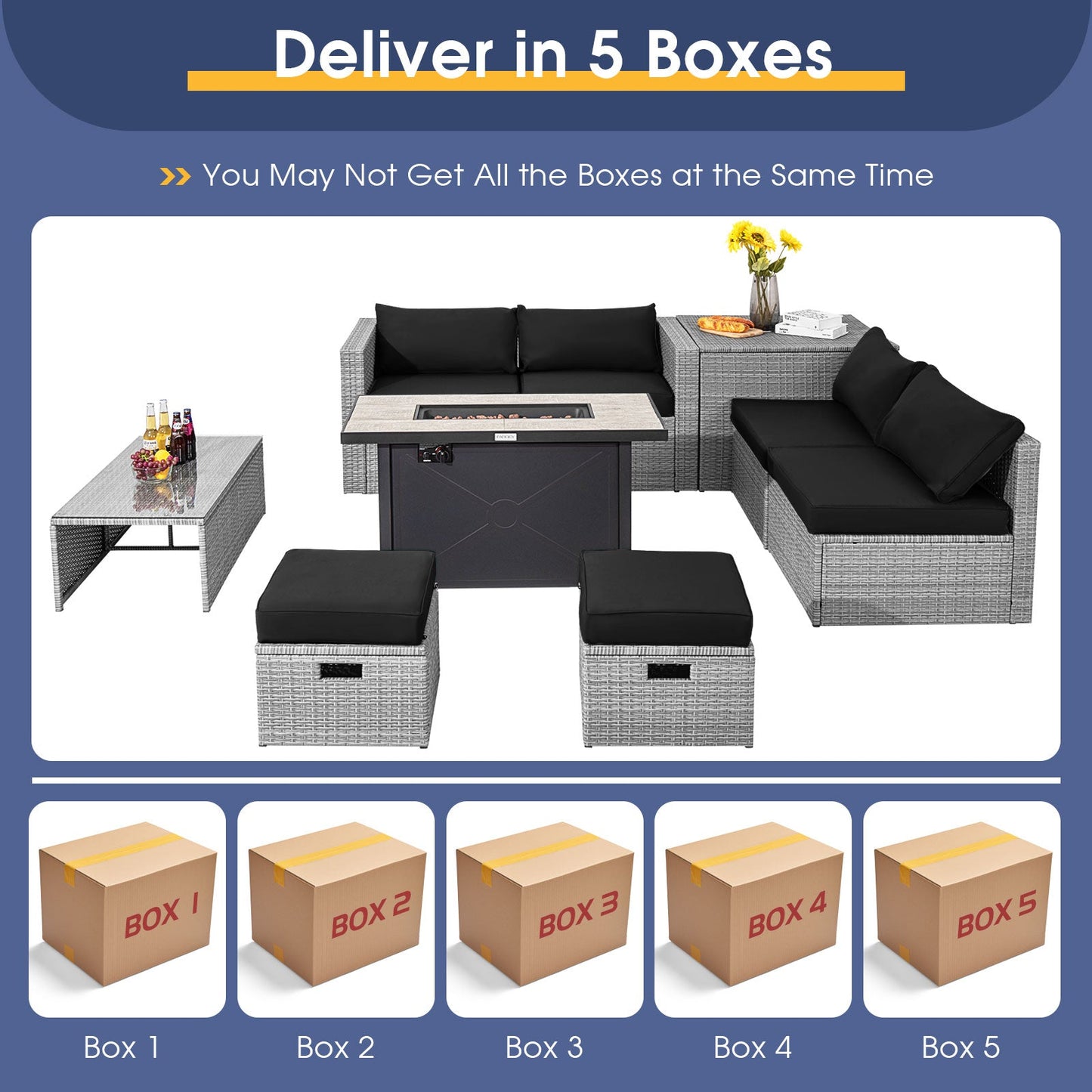 9 Pieces Patio Furniture Set with 42 Inches 60000 BTU Fire Pit