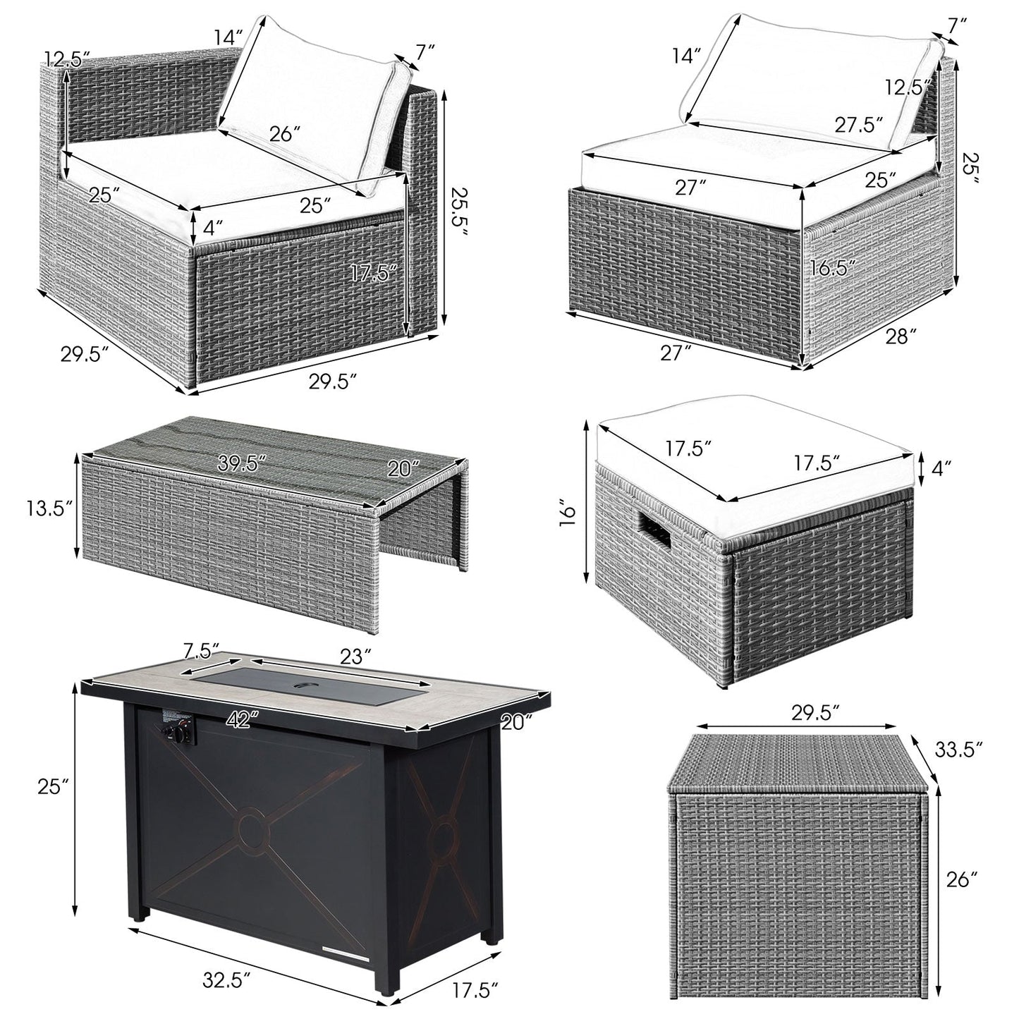 9 Pieces Patio Furniture Set with 42 Inches 60000 BTU Fire Pit