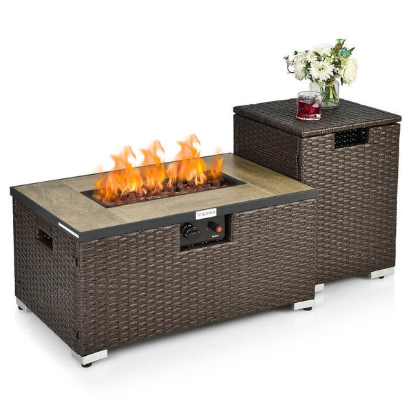 Brown PE Rattan Propane Fire Pit Table with Side Table & Tank Holder