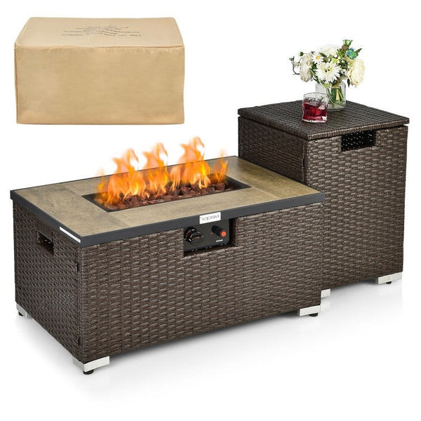 Brown PE Rattan Propane Fire Pit Table with Side Table & Tank Holder