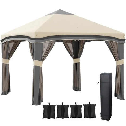 Outsunny 10×10 ft pop-up gazebo with mesh netting, powder-coated steel frame, 10-person capacity, four mesh sidewalls, and 100 sq. ft. coverage