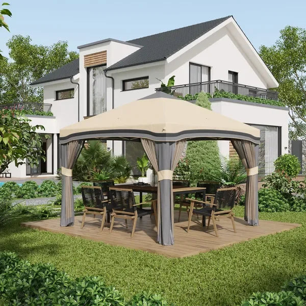 Outsunny 10×10 ft pop-up gazebo with mesh netting, powder-coated steel frame, 10-person capacity, four mesh sidewalls, and 100 sq. ft. coverage