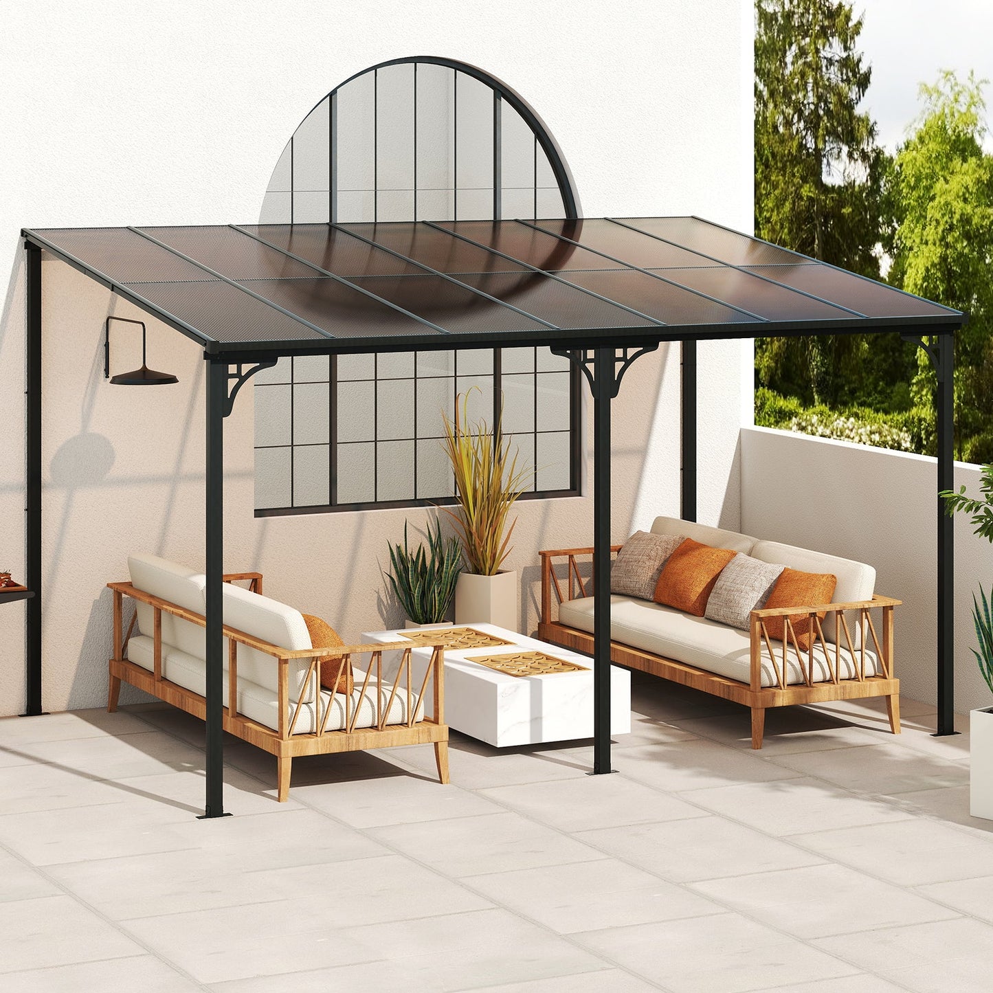 Wall-Mounted Outdoor Gazebo with Sloped Polycarbonate Roof