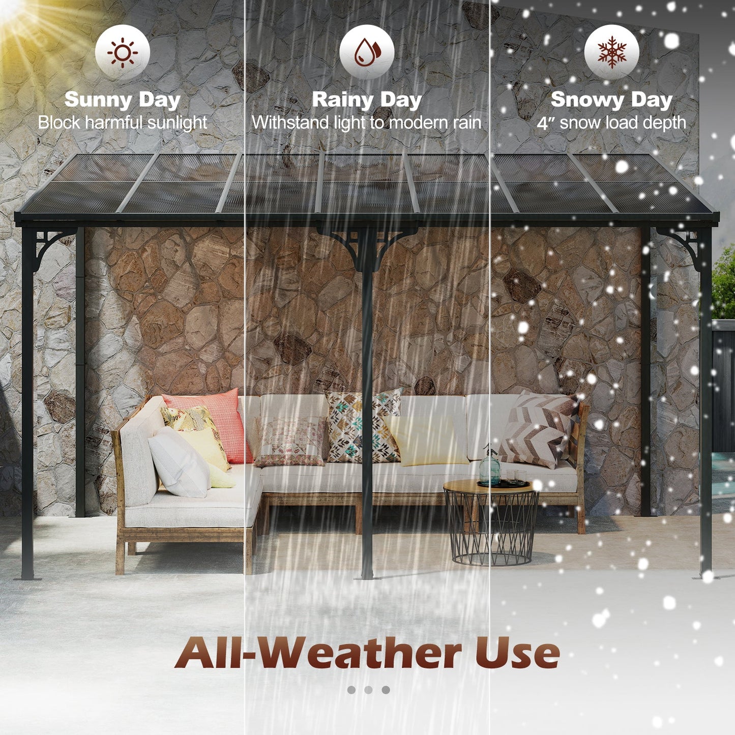 Wall-Mounted Outdoor Gazebo with Sloped Polycarbonate Roof