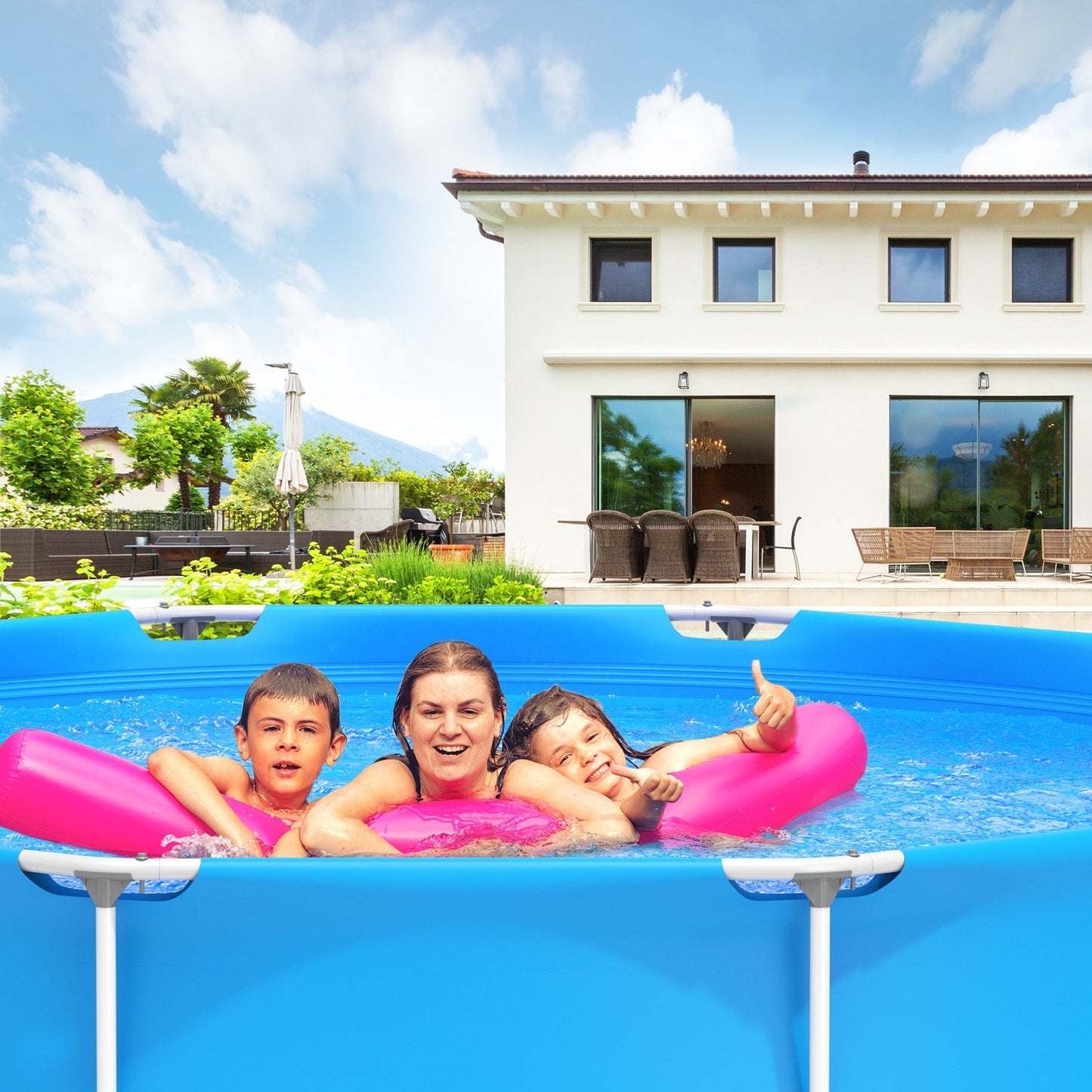 Round Above Ground Swimming Pool with Pool Cover – 3-Layer PVC & Polyester Frame Pool for Family Backyard Fun