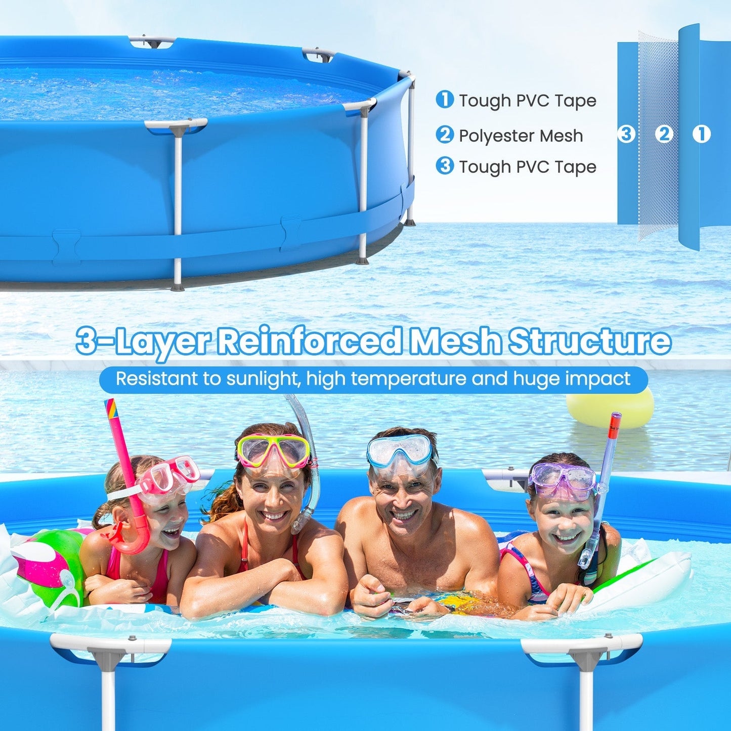 Round Above Ground Swimming Pool with Pool Cover – 3-Layer PVC & Polyester Frame Pool for Family Backyard Fun
