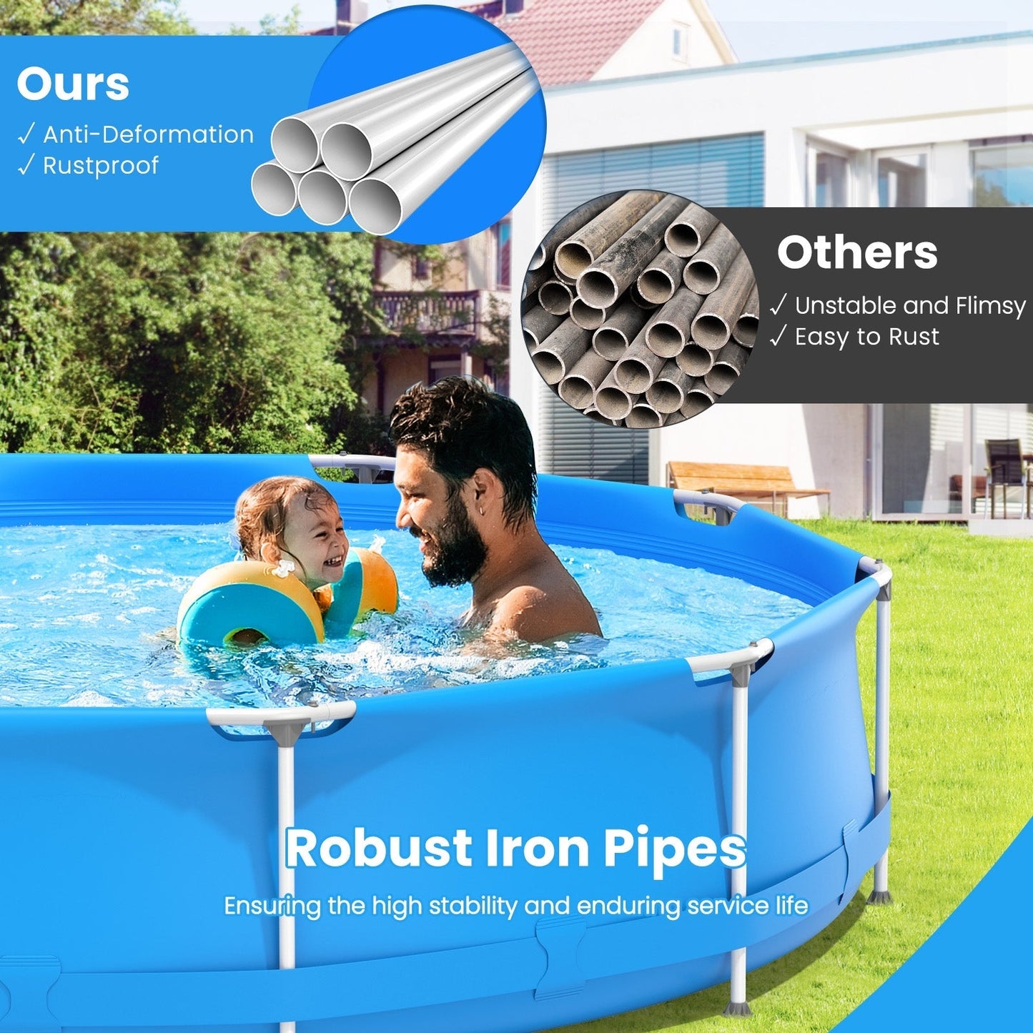 Round Above Ground Swimming Pool with Pool Cover – 3-Layer PVC & Polyester Frame Pool for Family Backyard Fun