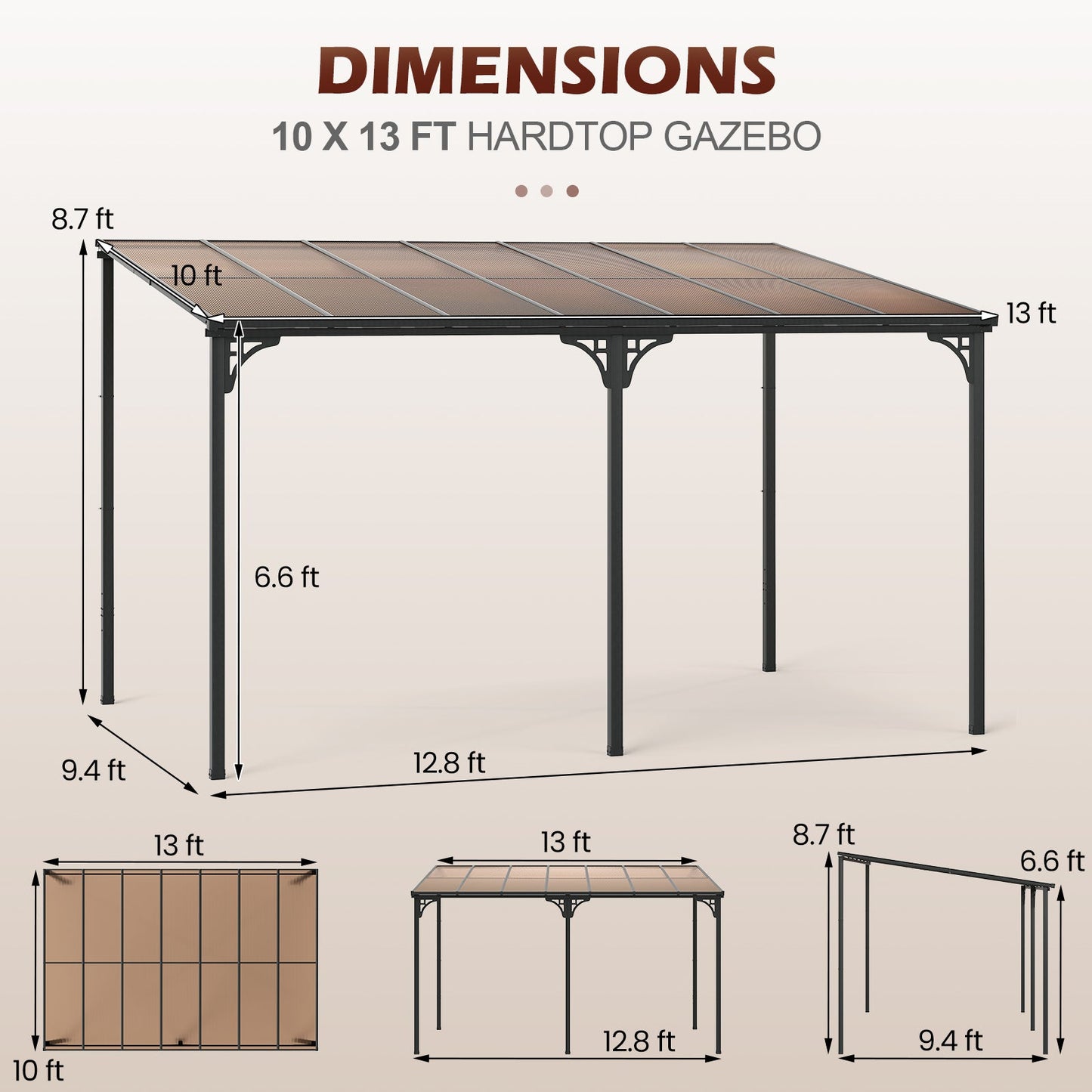 Wall-Mounted Outdoor Gazebo with Sloped Polycarbonate Roof